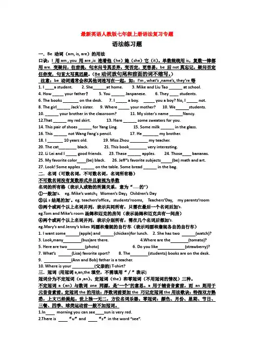 最新英语人教版七年级上册语法复习专题
