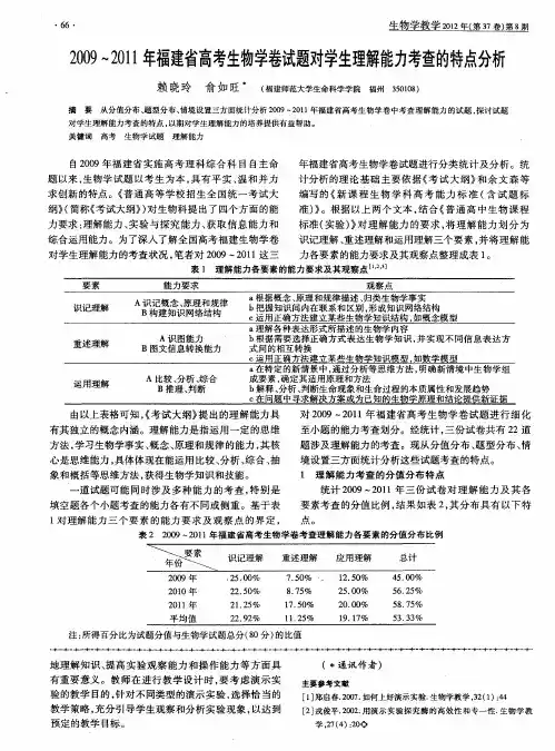 2009-2011年福建省高考生物学卷试题对学生理解能力考查的特点分析