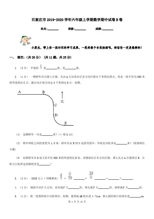 石家庄市2019-2020学年六年级上学期数学期中试卷B卷