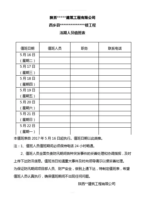 夏季防汛值班人员名单
