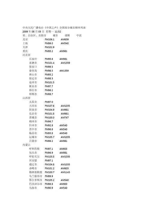 中央人民广播电台中国之声全国频率表 2