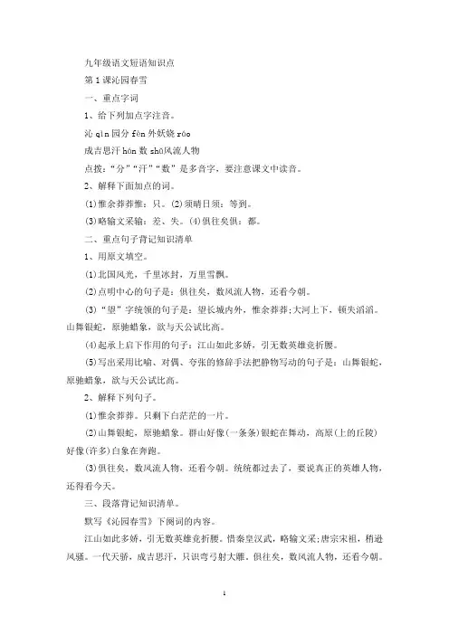 精选九年级语文短语知识点