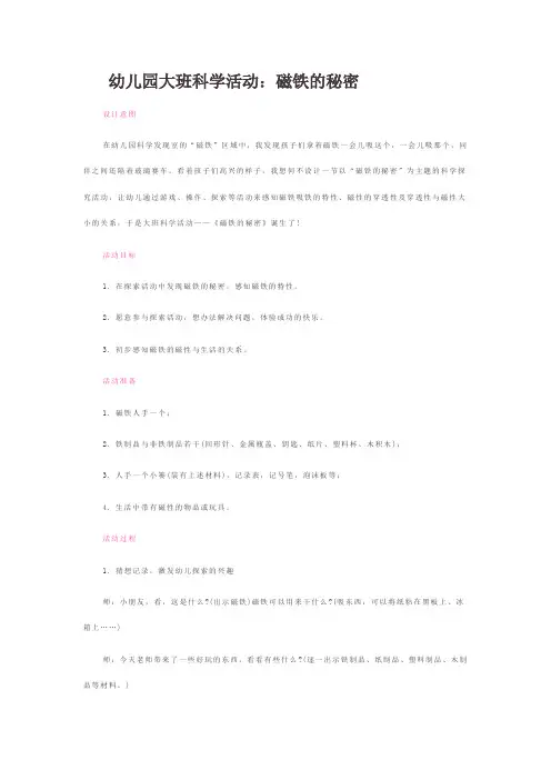幼儿园大班科学活动：磁铁的秘密
