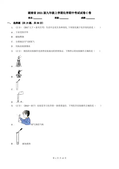 湖南省2021版九年级上学期化学期中考试试卷C卷