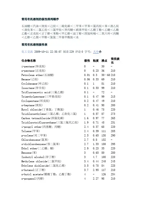 常用有机溶剂的极性排列顺序