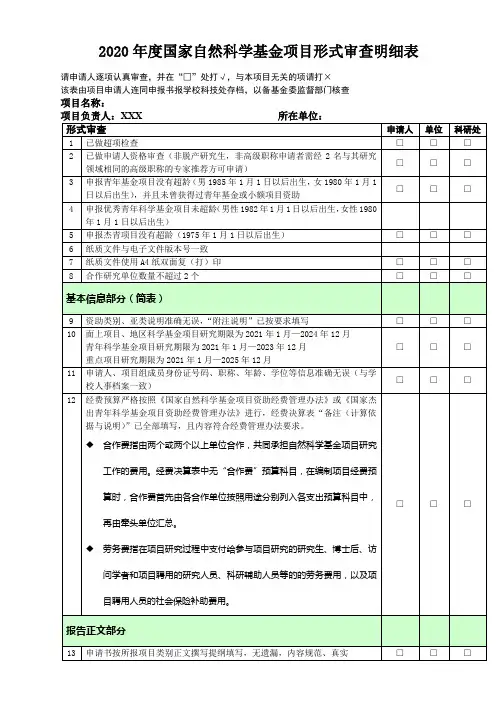 2020年度国家自然科学基金项目形式审查明细表【模板】