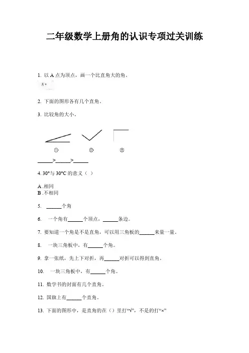 二年级数学上册角的认识专项过关训练