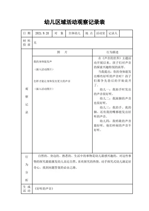 幼儿区域活动观察记录表