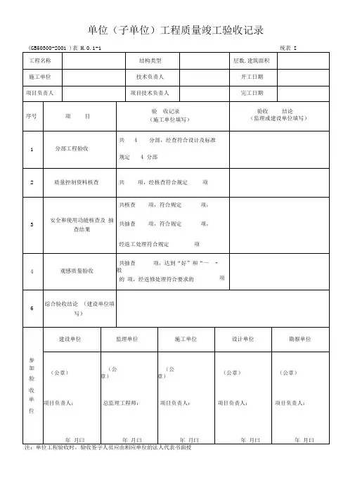 表H.0.1单位工程质量竣工验收记录
