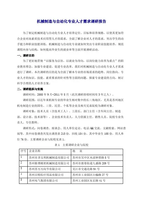 机械制造与自动化专业人才需求调研报告 2