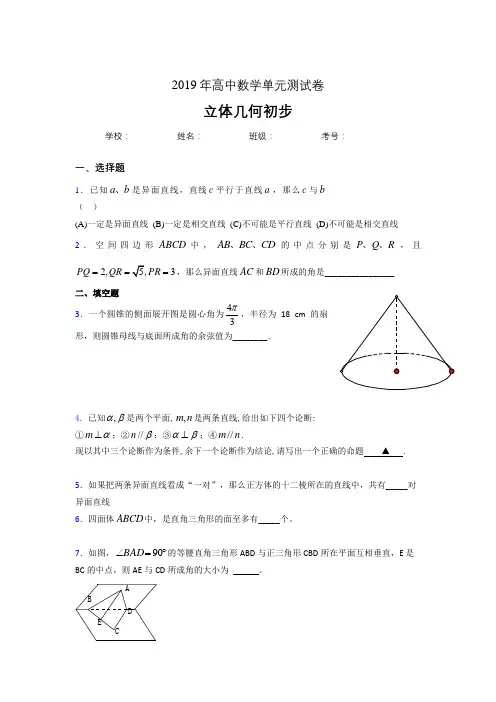 精选2020高考数学《立体几何初步》专题测试版题(含标准答案)