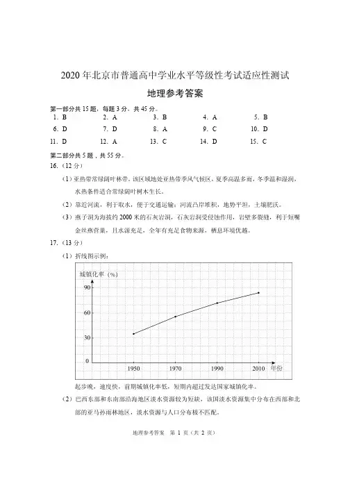 北京市2020年新高考适应性测试地理参考答案