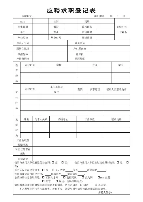 应聘者求职登记表