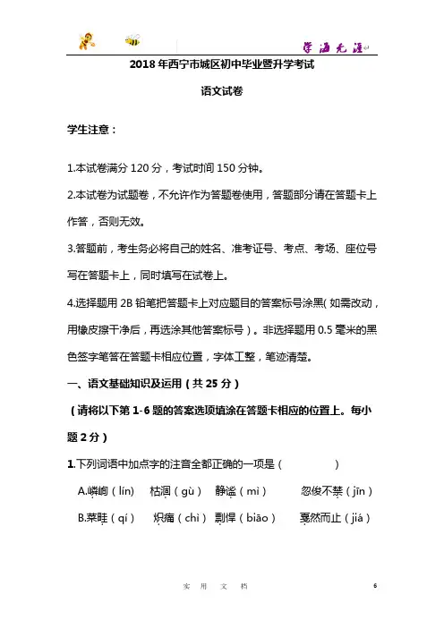 101.青海省西宁市2018年中考语文试题(Word版,含答案)