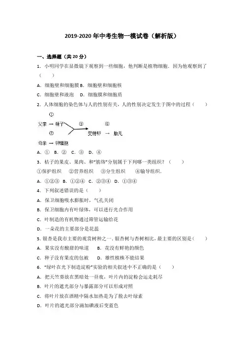 2019-2020年中考生物一模试卷(解析版)