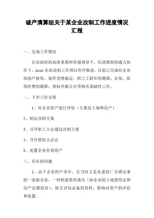 破产清算组关于某企业改制工作进度情况汇报