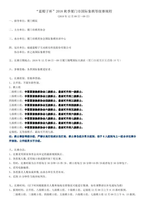 蓝帽子杯2018秋季厦门市国际象棋等级赛规程