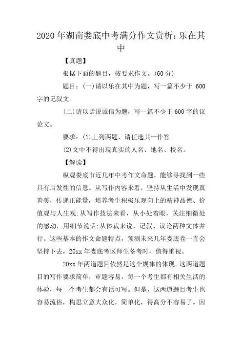 2020年湖南娄底中考满分作文赏析：乐在其中