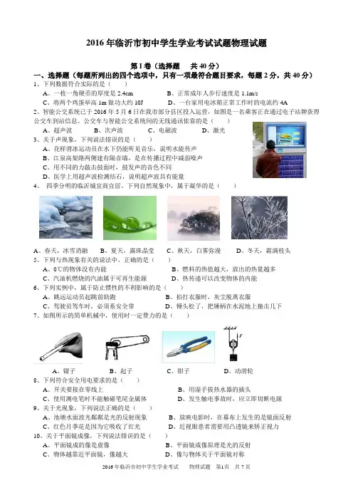 山东省临沂市2016年中考物理试题(word版,含答案)