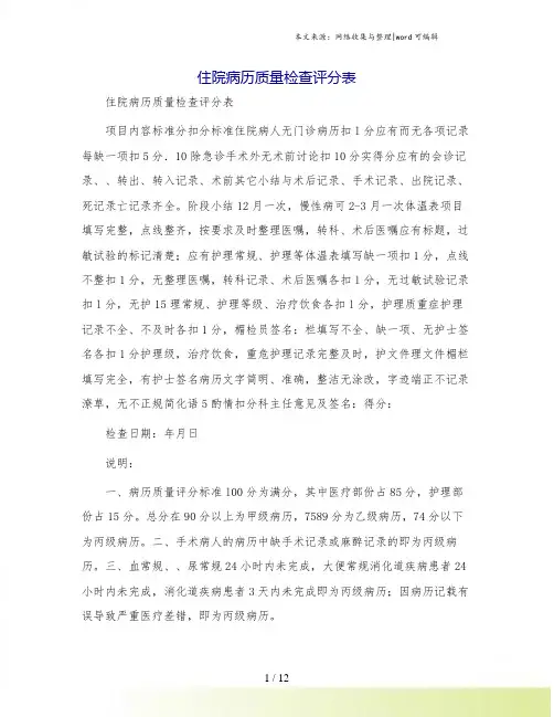 住院病历质量检查评分表