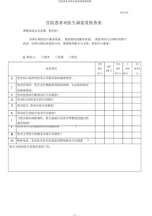 住院患者对医生满意度调查表格