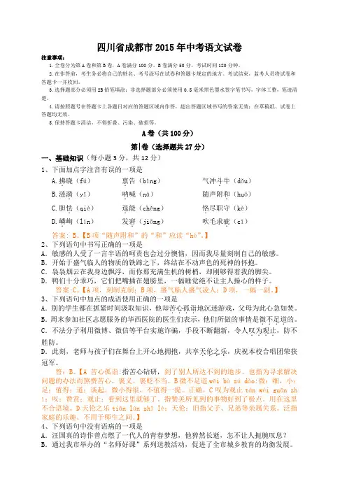 2015年成都市中考语文试题解析