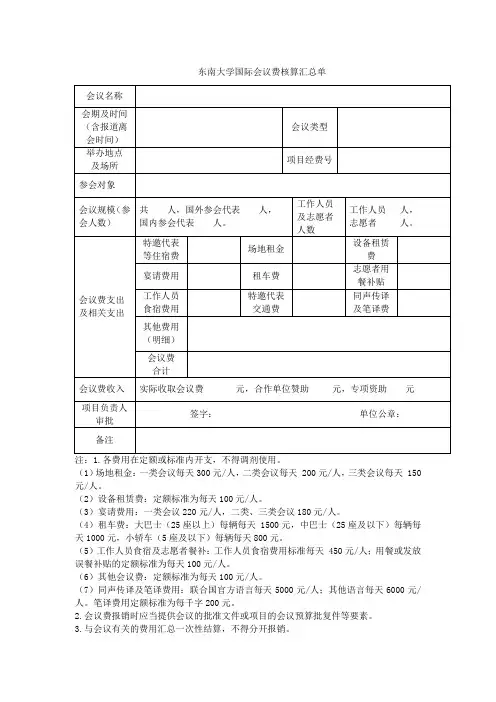 东南大学国会议费核算汇总单