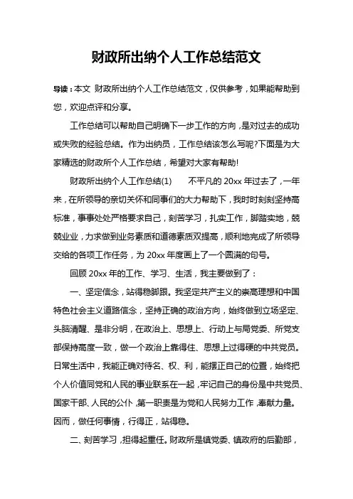 财政所出纳个人工作总结范文