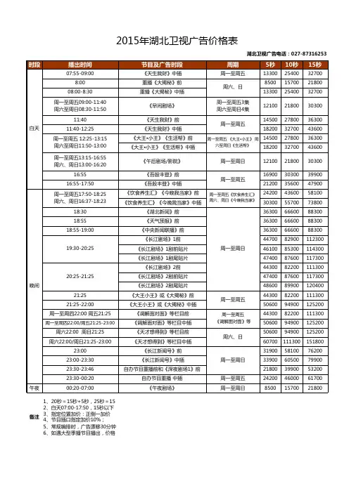 2015年湖北卫视广告价格表02787316253