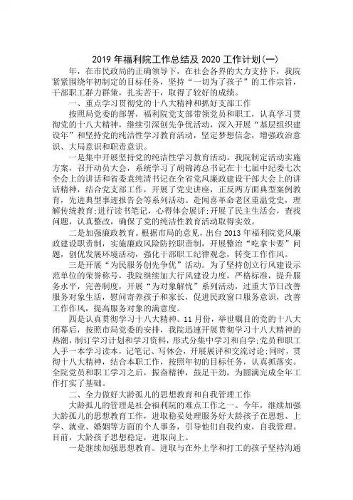 2019年福利院工作总结及2020工作计划