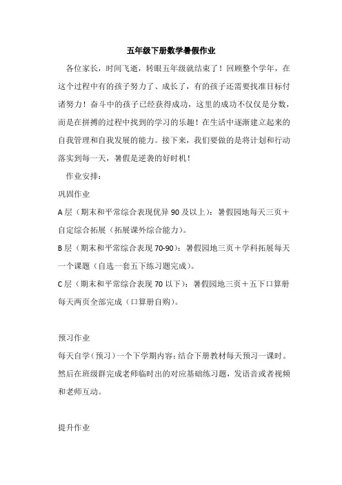 五年级下册数学暑假作业