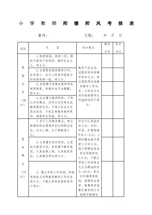 小学教师师德师风考核表