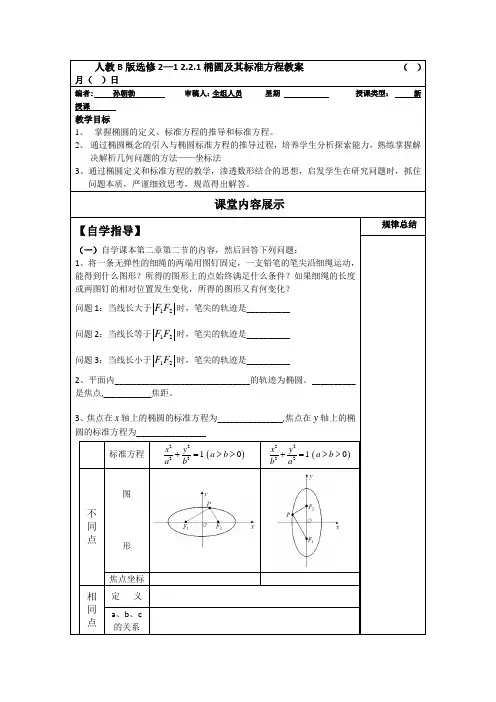 高二数学人教版选修2-1教案：2.2.1椭圆及其标准方程 