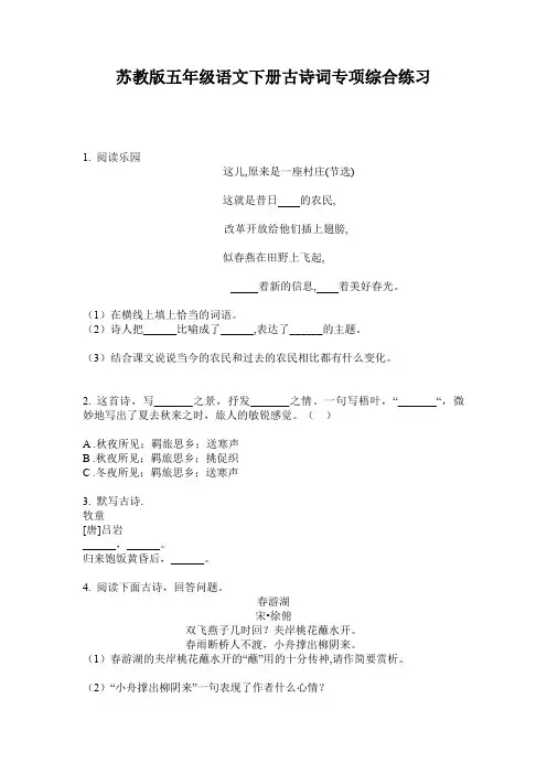苏教版五年级语文下册古诗词专项综合练习