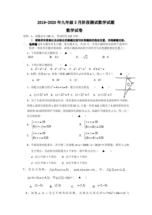 2019-2020年九年级3月阶段测试数学试题