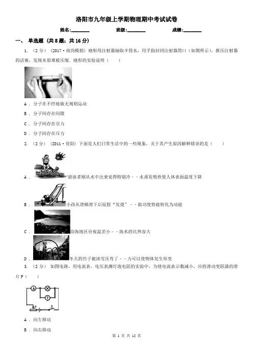 洛阳市九年级上学期物理期中考试试卷