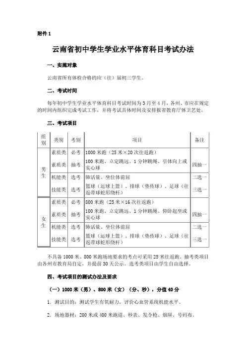 《云南省初中学生学业水平体育科目考试办法》