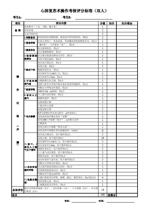 心肺复苏术操作考核评分标准(双人)