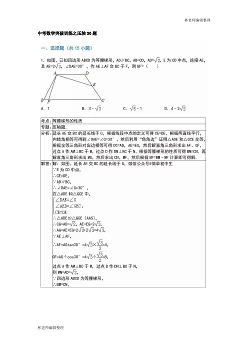 2019中考数学30道经典压轴题汇总含答案解析