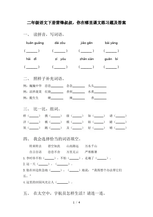 二年级语文下册雷锋叔叔,你在哪里课文练习题及答案