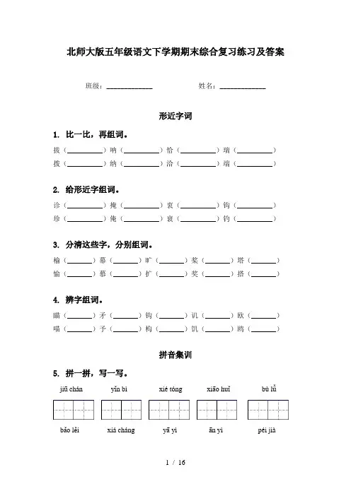 北师大版五年级语文下学期期末综合复习练习及答案