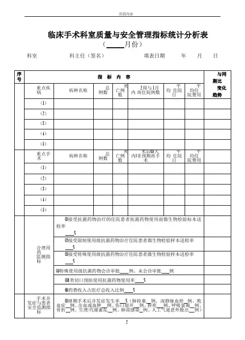 手术科室质量与安全管理指标统计表