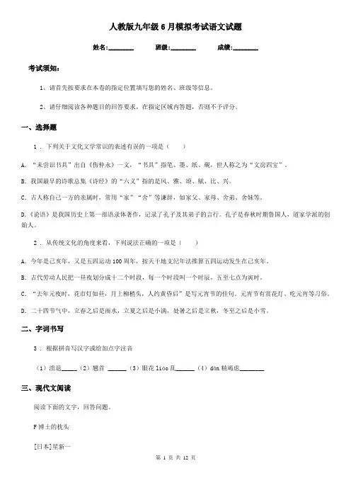 人教版九年级6月模拟考试语文试题