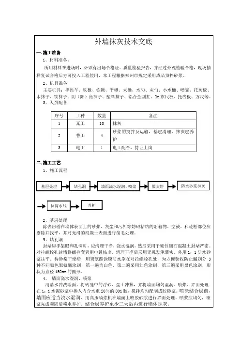 外墙抹灰技术交底