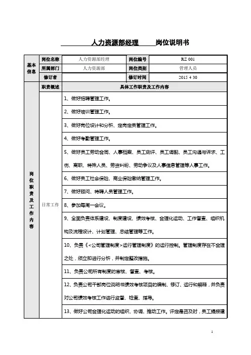 人力资源部经理岗位说明书 2