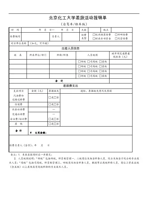 北京化工大学差旅活动报销单