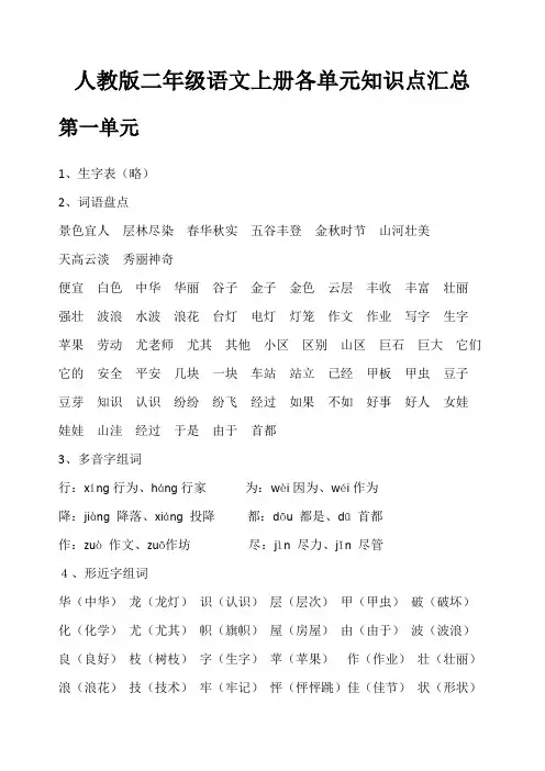 人教版二年级语文上册各单元知识点汇总