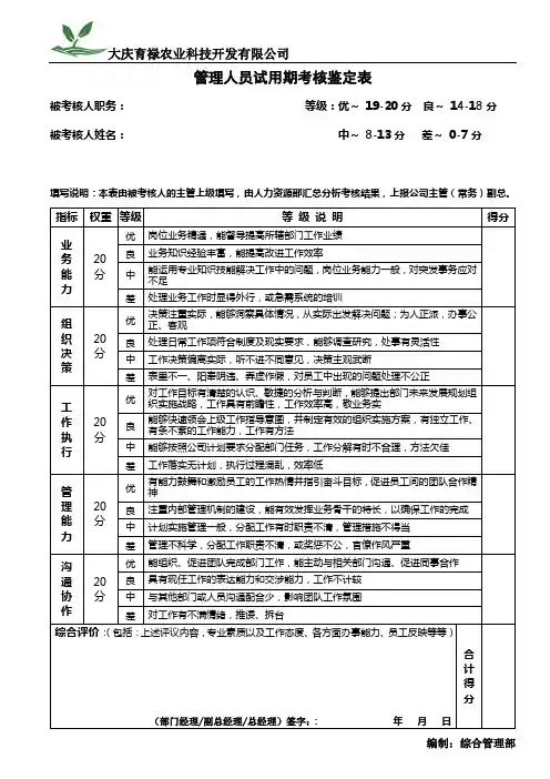 管理人员试用期考核表