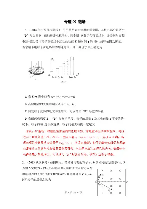 2013届高考物理模拟新题精选分类解析(第2期)专题09 磁场