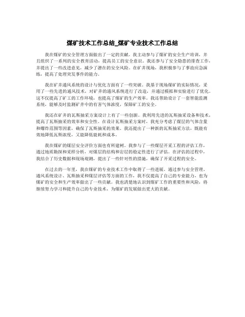 煤矿技术工作总结_煤矿专业技术工作总结 2